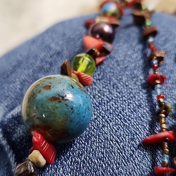 Artsy Colorful Eclectic Seashell, Ceramic and Stone Beaded Necklace - Picture 12 of 12